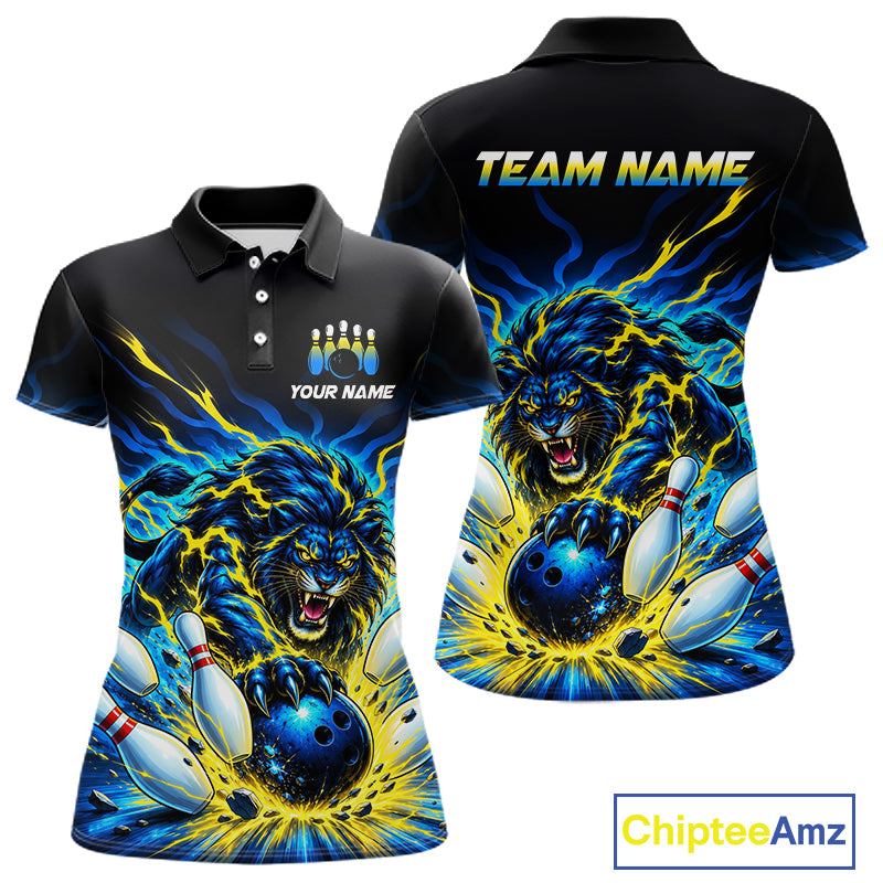 Custom Yellow Flame Lion Bowling Team Shirts for Women Bowling League Shirts Polo & 1/4 Zip HNT632