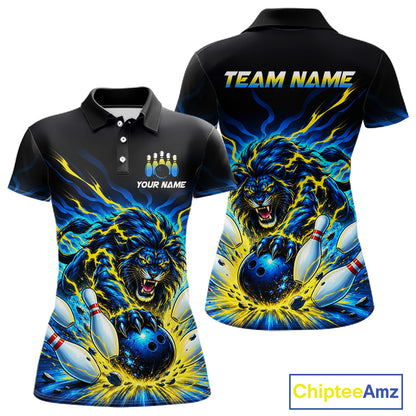 Custom Yellow Flame Lion Bowling Team Shirts for Women Bowling League Shirts Polo & 1/4 Zip HNT632