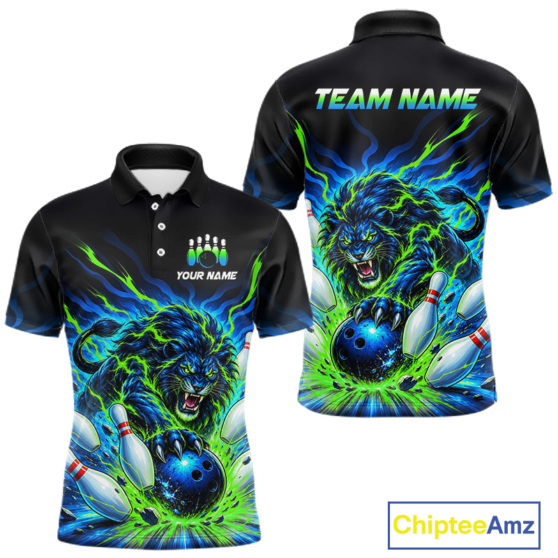 Front and back views of a black short-sleeve polo jersey with a vibrant blue and green graphic of a roaring lion catching a bowling ball, with customizable text placeholders 'YOUR NAME' and 'TEAM NAME'.