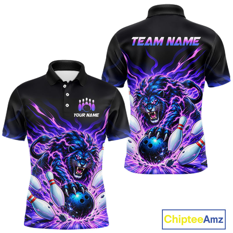 Front and back views of a black short-sleeve polo jersey with a vibrant black and purple graphic of a roaring lion catching a bowling ball, with customizable text placeholders 'YOUR NAME' and 'TEAM NAME'.