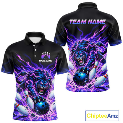 Front and back views of a black short-sleeve polo jersey with a vibrant black and purple graphic of a roaring lion catching a bowling ball, with customizable text placeholders 'YOUR NAME' and 'TEAM NAME'.