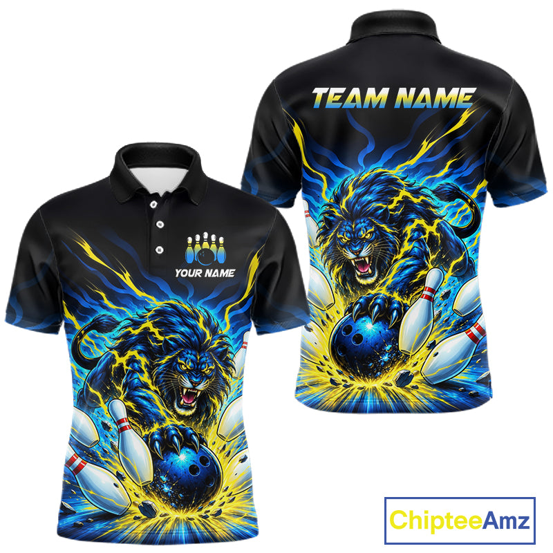 Front and back views of a black short-sleeve polo jersey with a vibrant blue and yellow graphic of a roaring lion catching a bowling ball, with customizable text placeholders 'YOUR NAME' and 'TEAM NAME'.