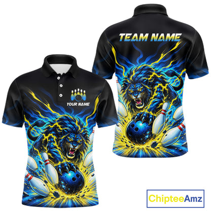 Front and back views of a black short-sleeve polo jersey with a vibrant blue and yellow graphic of a roaring lion catching a bowling ball, with customizable text placeholders 'YOUR NAME' and 'TEAM NAME'.