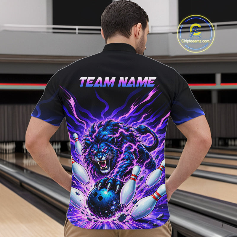 Custom Purple Flame Lion Bowling Team Shirts for Men Bowling League Shirts Polo & 1/4 Zip HNT632