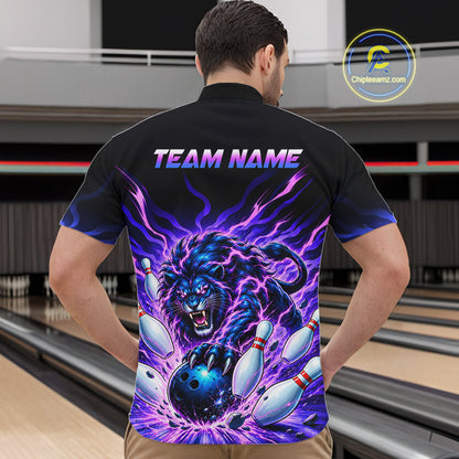 Custom Purple Flame Lion Bowling Team Shirts for Men Bowling League Shirts Polo & 1/4 Zip HNT632