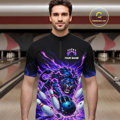 Custom Purple Flame Lion Bowling Team Shirts for Men Bowling League Shirts Polo & 1/4 Zip HNT632