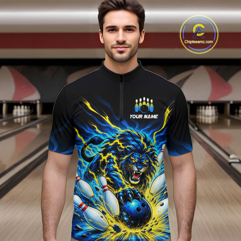 Custom Yellow Flame Lion Bowling Team Shirts for Men Bowling League Shirts Polo & 1/4 Zip HNT632