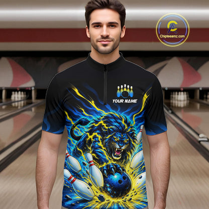 Custom Yellow Flame Lion Bowling Team Shirts for Men Bowling League Shirts Polo & 1/4 Zip HNT632