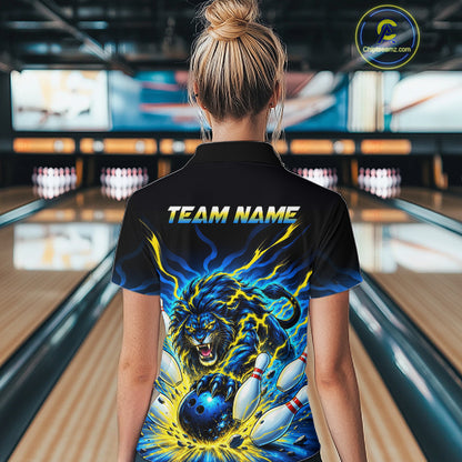 Custom Yellow Flame Lion Bowling Team Shirts for Women Bowling League Shirts Polo & 1/4 Zip HNT632