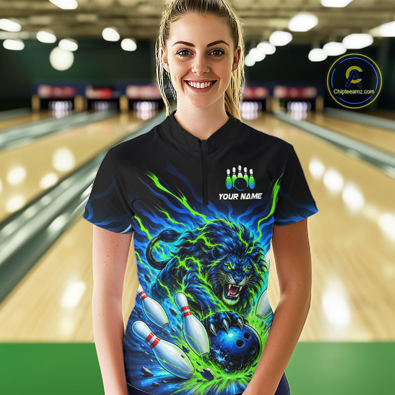 Custom Green Flame Lion Bowling Team Shirts for Women Bowling League Shirts Polo & 1/4 Zip HNT632