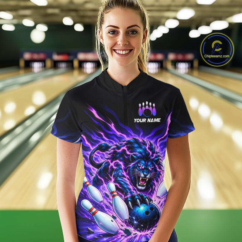 Custom Purple Flame Lion Bowling Team Shirts for Women Bowling League Shirts Polo & 1/4 Zip HNT632
