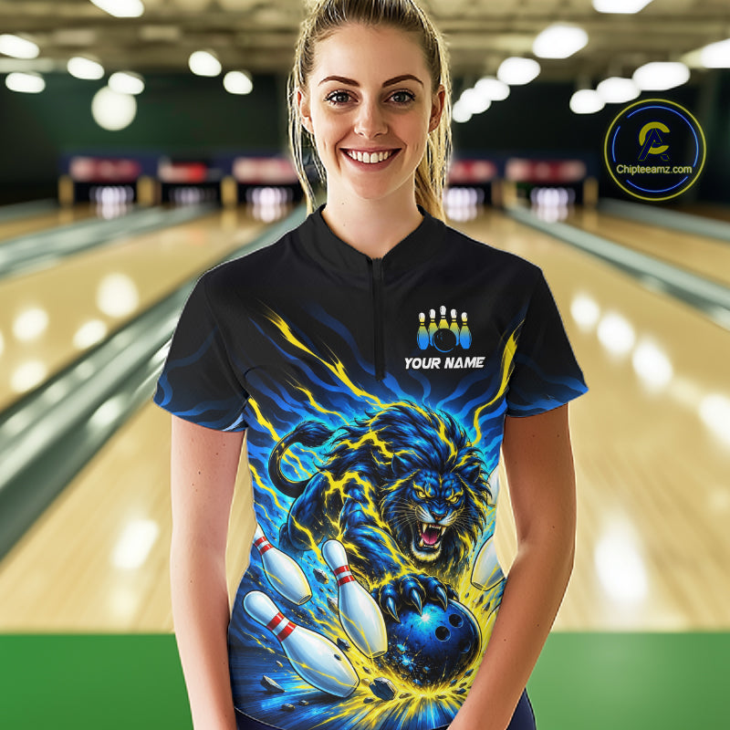 Custom Yellow Flame Lion Bowling Team Shirts for Women Bowling League Shirts Polo & 1/4 Zip HNT632