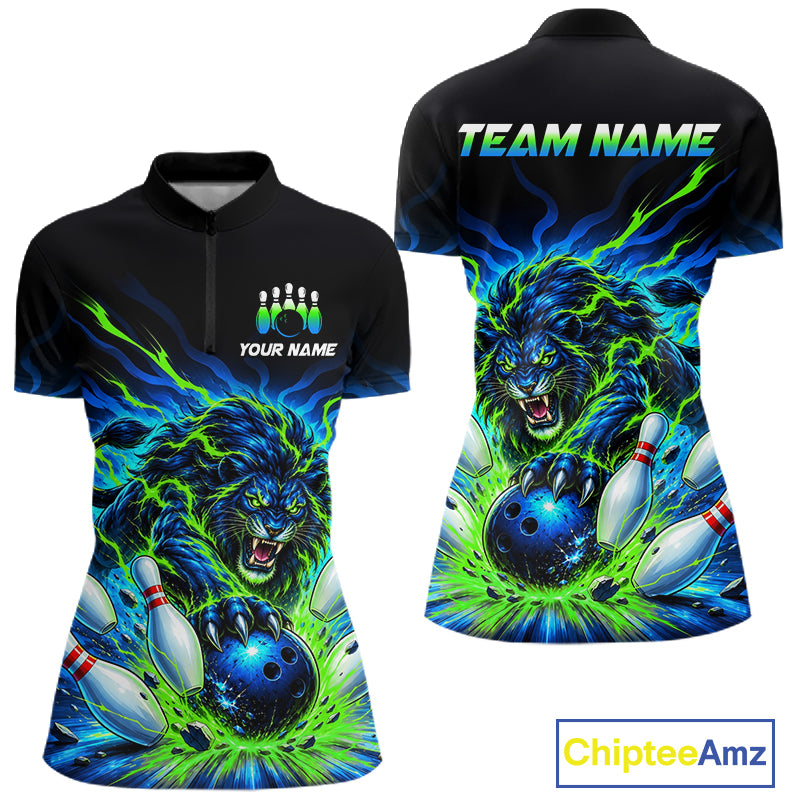 Custom Green Flame Lion Bowling Team Shirts for Women Bowling League Shirts Polo & 1/4 Zip HNT632