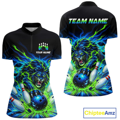 Custom Green Flame Lion Bowling Team Shirts for Women Bowling League Shirts Polo & 1/4 Zip HNT632