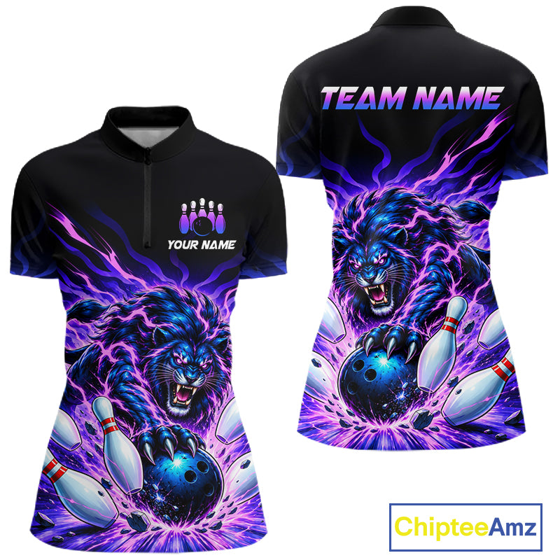 Custom Purple Flame Lion Bowling Team Shirts for Women Bowling League Shirts Polo & 1/4 Zip HNT632