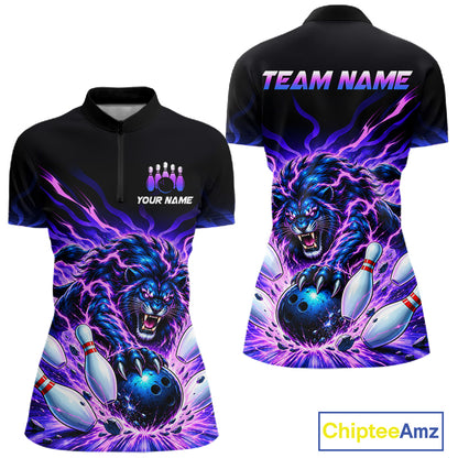 Custom Purple Flame Lion Bowling Team Shirts for Women Bowling League Shirts Polo & 1/4 Zip HNT632