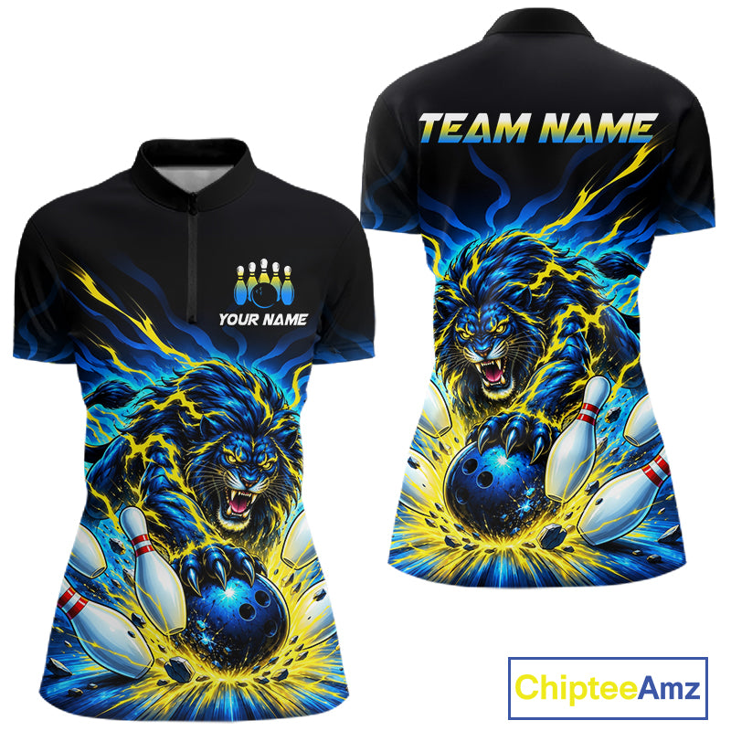 Custom Yellow Flame Lion Bowling Team Shirts for Women Bowling League Shirts Polo & 1/4 Zip HNT632