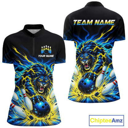 Custom Yellow Flame Lion Bowling Team Shirts for Women Bowling League Shirts Polo & 1/4 Zip HNT632