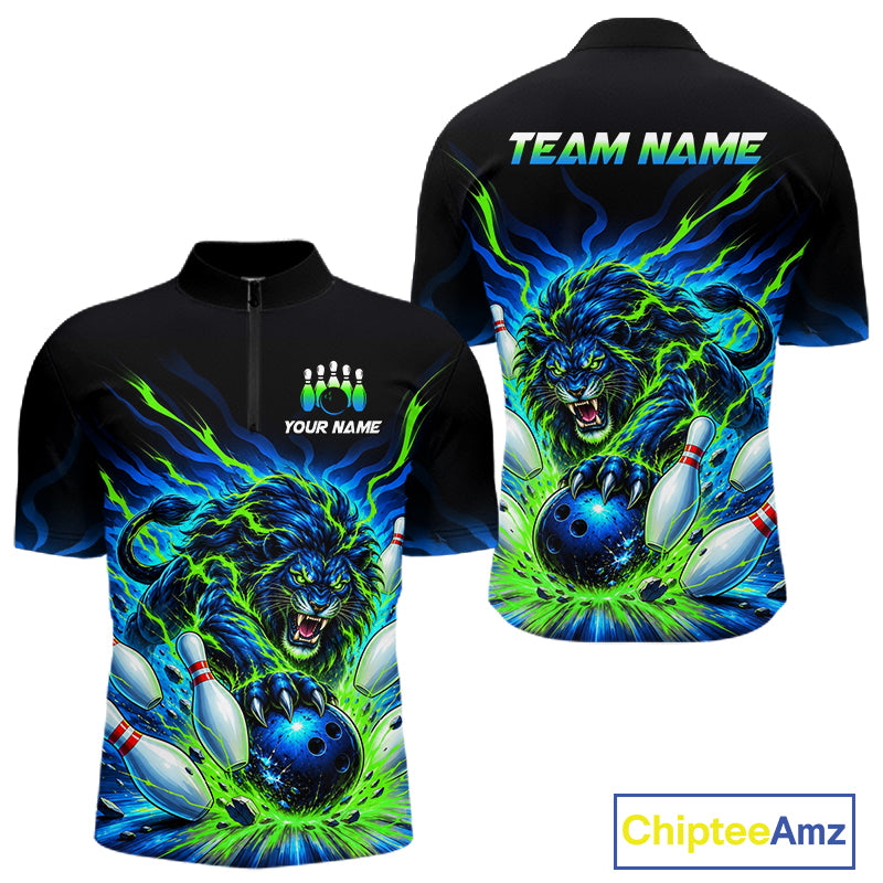 Front and back views of a black short-sleeve zip up jersey with a vibrant blue and green graphic of a roaring lion catching a bowling ball, with customizable text placeholders 'YOUR NAME' and 'TEAM NAME'.
