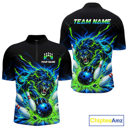 Front and back views of a black short-sleeve zip up jersey with a vibrant blue and green graphic of a roaring lion catching a bowling ball, with customizable text placeholders 'YOUR NAME' and 'TEAM NAME'.