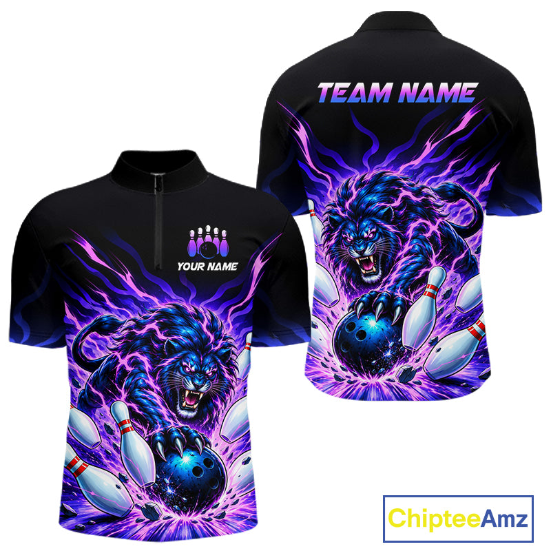 Front and back views of a black short-sleeve zip up jersey with a vibrant black and purple graphic of a roaring lion catching a bowling ball, with customizable text placeholders 'YOUR NAME' and 'TEAM NAME'.