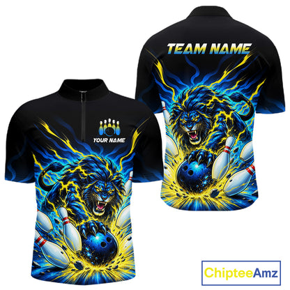 Front and back views of a black short-sleeve zip-up jersey with a vibrant blue and yellow graphic of a roaring lion catching a bowling ball, with customizable text placeholders 'YOUR NAME' and 'TEAM NAME'.
