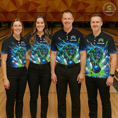 Custom Green Flame Lion Bowling Team Shirts for Men Bowling League Shirts Polo & 1/4 Zip HNT632