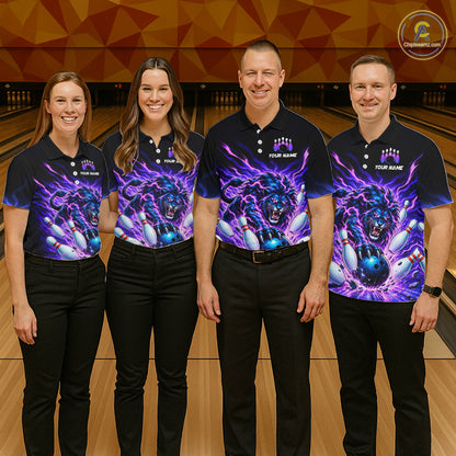 Custom Purple Flame Lion Bowling Team Shirts for Men Bowling League Shirts Polo & 1/4 Zip HNT632