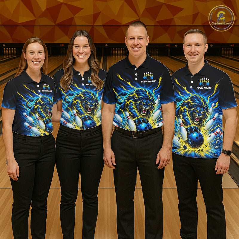 Four people standing in a bowling alley, shown from the back, wearing matching dark navy bowling shirts with a large blue and yellow roaring lion graphic and the text 'YOUR NAME' across the shoulders and upper back.