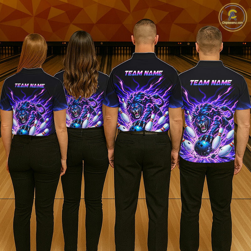 Custom Purple Flame Lion Bowling Team Shirts for Men Bowling League Shirts Polo & 1/4 Zip HNT632