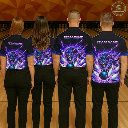 Custom Purple Flame Lion Bowling Team Shirts for Women Bowling League Shirts Polo & 1/4 Zip HNT632