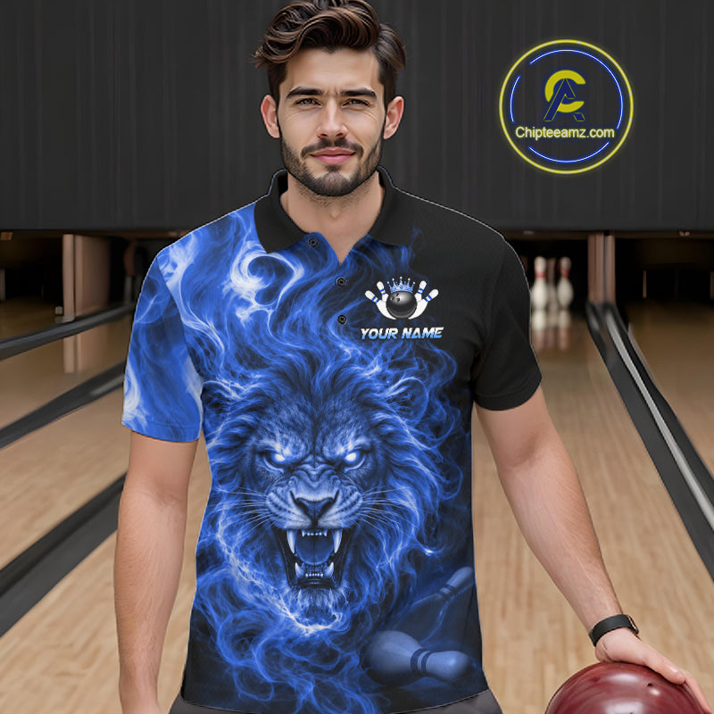 Custom Blue Smoke Lion Bowling Team Shirts for Men Bowling League Shirts Polo & 1/4 Zip HNT634