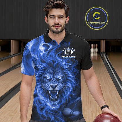 Custom Blue Smoke Lion Bowling Team Shirts for Men Bowling League Shirts Polo & 1/4 Zip HNT634