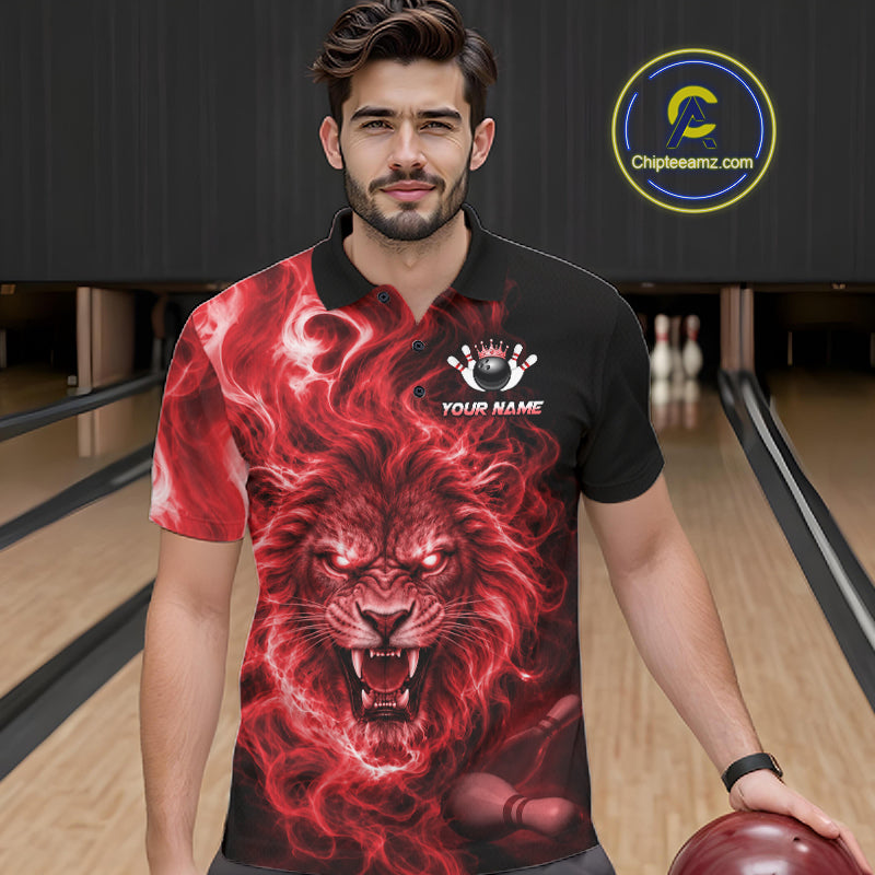 Custom Red Smoke Lion Bowling Team Shirts for Men Bowling League Shirts Polo & 1/4 Zip HNT634