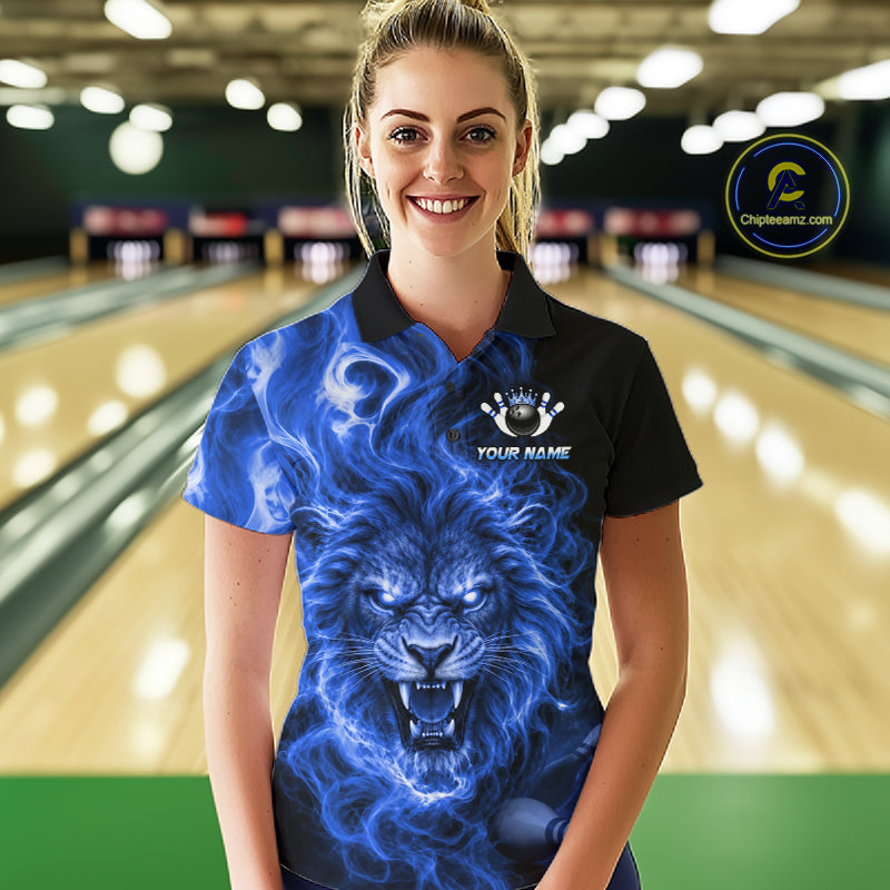 Custom Blue Smoke Lion Bowling Team Shirts for WOmen Bowling League Shirts Polo & 1/4 Zip HNT634