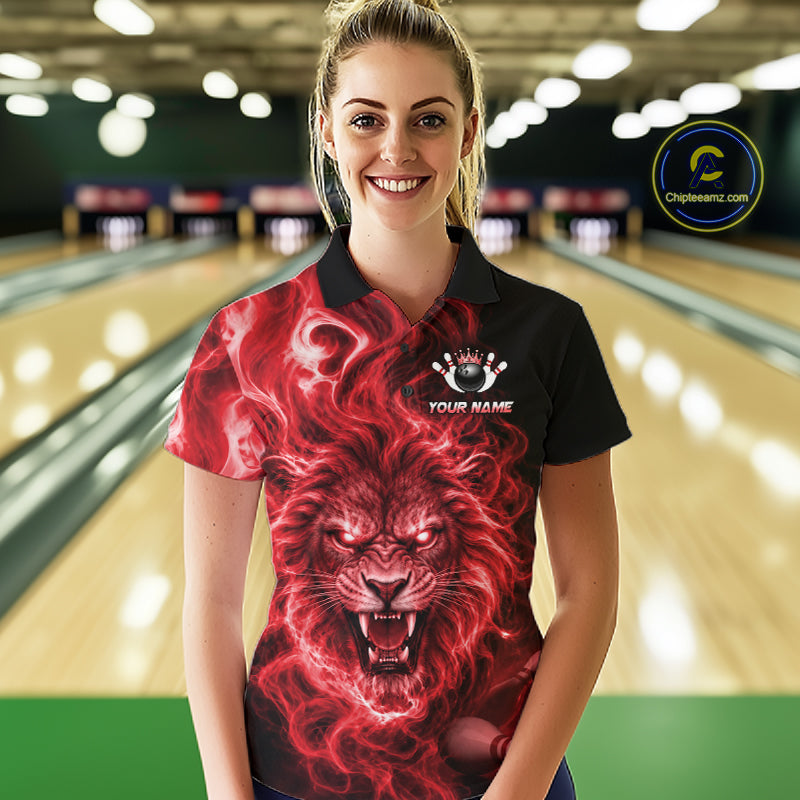 Custom Red Smoke Lion Bowling Team Shirts for Women Bowling League Shirts Polo & 1/4 Zip HNT634