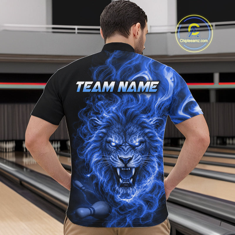 Custom Blue Smoke Lion Bowling Team Shirts for Men Bowling League Shirts Polo & 1/4 Zip HNT634