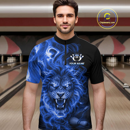 Custom Blue Smoke Lion Bowling Team Shirts for Men Bowling League Shirts Polo & 1/4 Zip HNT634