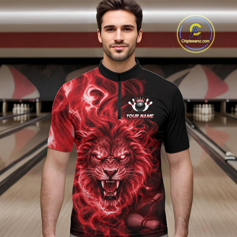 Custom Red Smoke Lion Bowling Team Shirts for Men Bowling League Shirts Polo & 1/4 Zip HNT634
