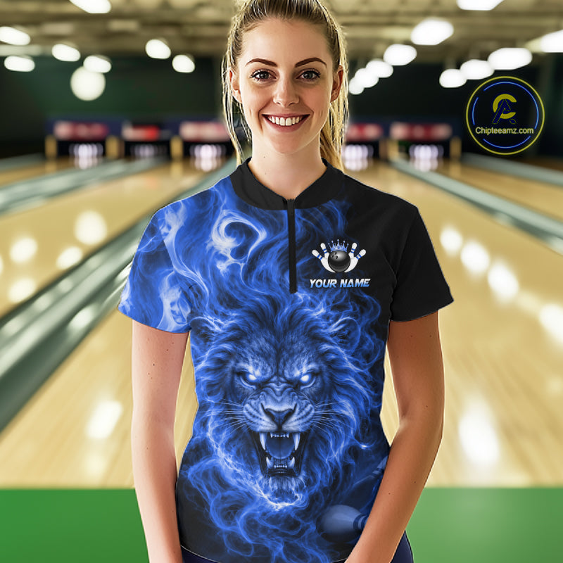 Custom Blue Smoke Lion Bowling Team Shirts for WOmen Bowling League Shirts Polo & 1/4 Zip HNT634