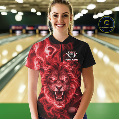 Custom Red Smoke Lion Bowling Team Shirts for Women Bowling League Shirts Polo & 1/4 Zip HNT634