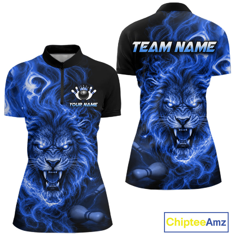 Custom Blue Smoke Lion Bowling Team Shirts for WOmen Bowling League Shirts Polo & 1/4 Zip HNT634
