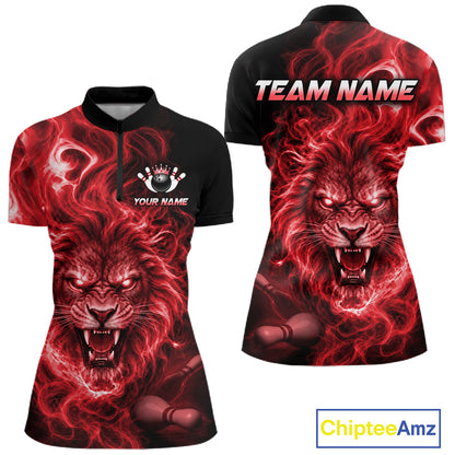 Custom Red Smoke Lion Bowling Team Shirts for Women Bowling League Shirts Polo & 1/4 Zip HNT634