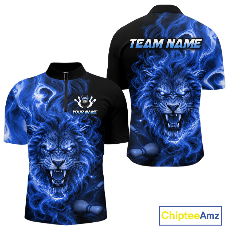 Custom Blue Smoke Lion Bowling Team Shirts for Men Bowling League Shirts Polo & 1/4 Zip HNT634