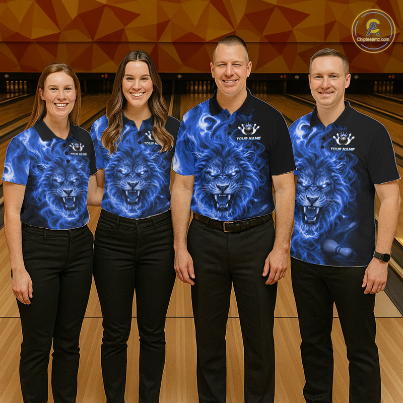 Custom Blue Smoke Lion Bowling Team Shirts for Men Bowling League Shirts Polo & 1/4 Zip HNT634