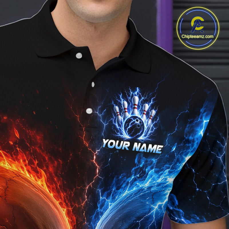 Men’s fire lightning skull bowling polo shirt with custom name, angled front view showing custom team design 