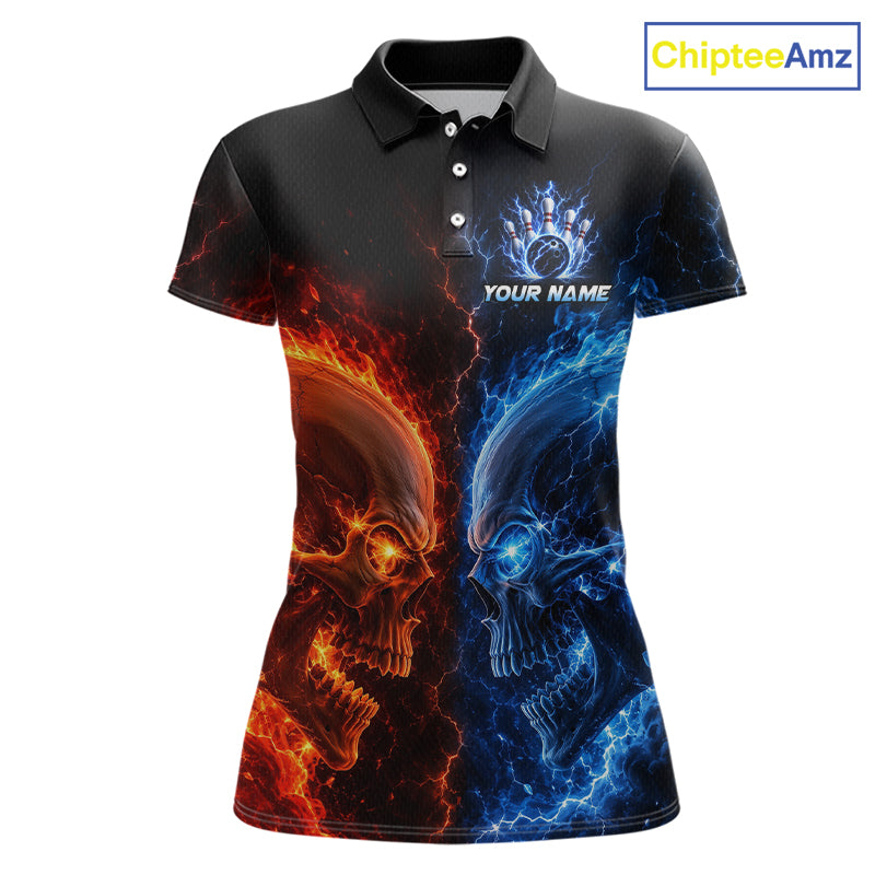 Custom fire lightning skull bowling jersey for women, personalized team bowling polo shirt front view