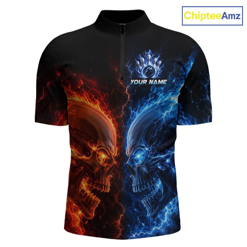 Custom fire lightning skull bowling jersey for men, personalized team bowling quarter zip shirt front view