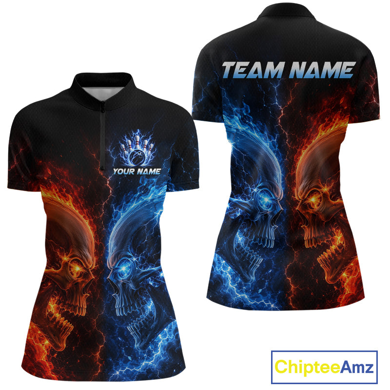 Custom fire lightning skull bowling jersey for women, custom team bowling quarter zip shirt front view and back view