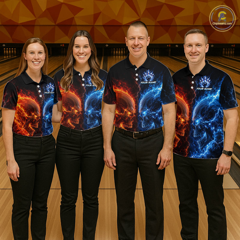 Group of bowlers in fire lightning skull team shirts, personalized bowling uniforms front view.